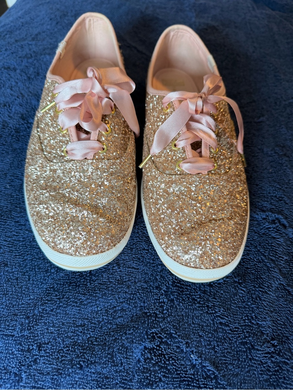 kate spade Keds Rose Gold Glitter Low-Top Sneakers with Pink Ribbon Laces